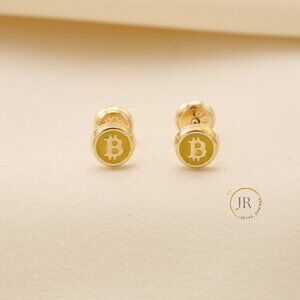 14K Solid Gold Bitcoin Logo Stud Earrings Crypto Luxury Fine Jewelry